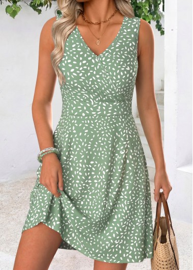women clothes image of Green Geometric Print Short Sleeveless V Neck Dress