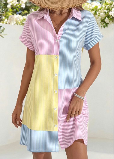 women clothes image of Multi Color Short Patchwork Shirt Collar Dress