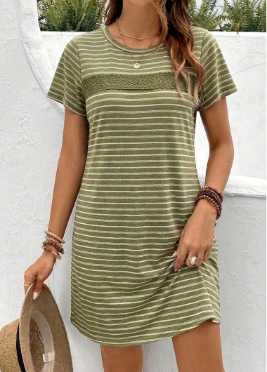 women clothes image of Green Striped Short Round Neck Dress