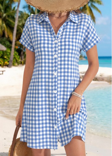 women clothes image of Blue Plaid Short Tummy Coverage Shirt Collar Dress