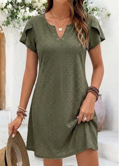 women clothes image of Sage Green Short Tummy Coverage Split Neck Dress