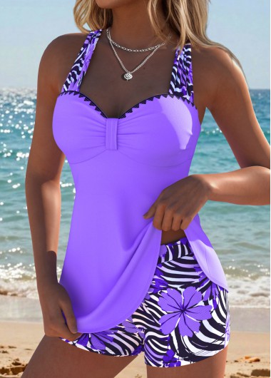 women clothes image of Purple Mid Waisted Ruched Tribal Print Tankini Set