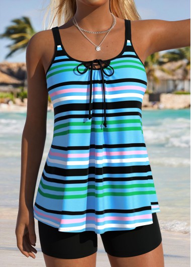 women clothes image of Multi Color Mid Waisted Lace Up Tankini Set