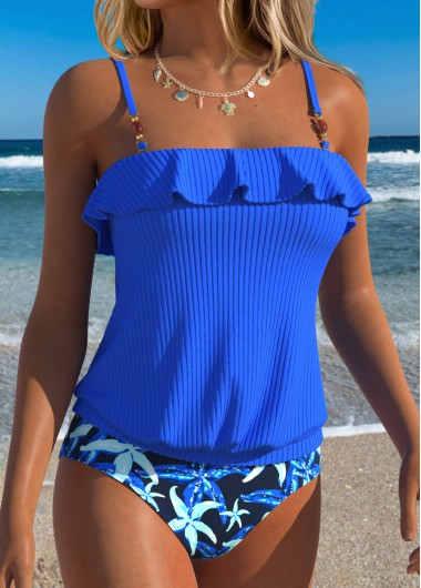 women clothes image of Royal Blue Mid Waisted Ruffle Tankini Set