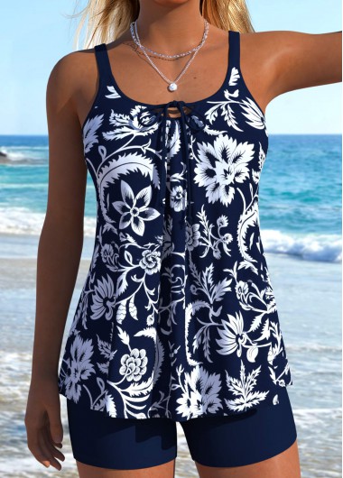 women clothes image of Navy Mid Waisted Lace Up Tankini Set