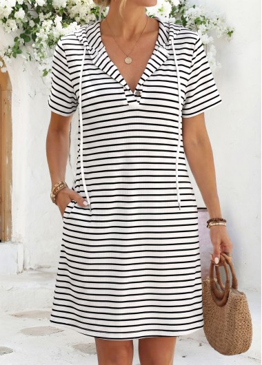women clothes image of White Striped Short Double Side Pockets Hooded Dress