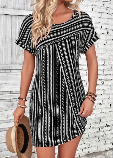 women clothes image of Black Striped Patchwork Short Sleeve Round Neck Dress