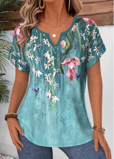 women clothes image of Dusty Blue Ombre Tummy Coverage Short Sleeve Blouse