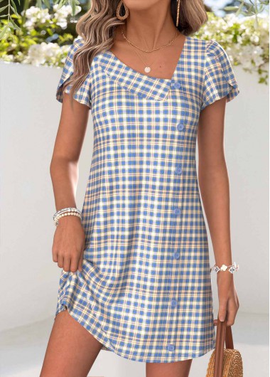 women clothes image of Multi Color Plaid Short Tummy Coverage Asymmetrical Neck Dress