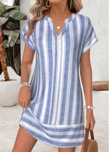 women clothes image of Blue Striped Short Tummy Coverage Split Neck Dress