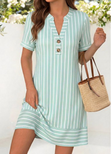 women clothes image of Light Green Striped Short Split Neck Dress