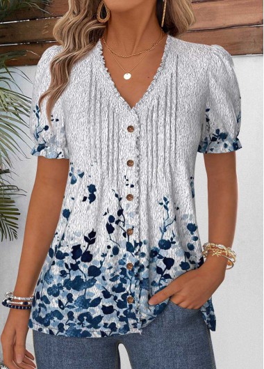 women clothes image of Grey Leaf Print Frill Short Sleeve T Shirt