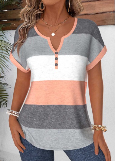women clothes image of Dusty Pink Striped Tummy Coverage Short Sleeve Blouse