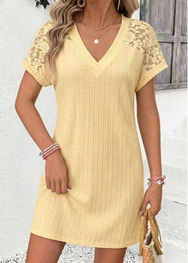women clothes image of Light Yellow Short Patchwork V Neck Dress