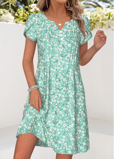 women clothes image of Green Ditsy Floral Print Short Tuck Stitch Dress