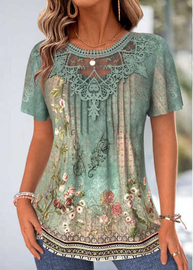 women clothes image of Green Tribal Print Tuck Stitch Short Sleeve T Shirt