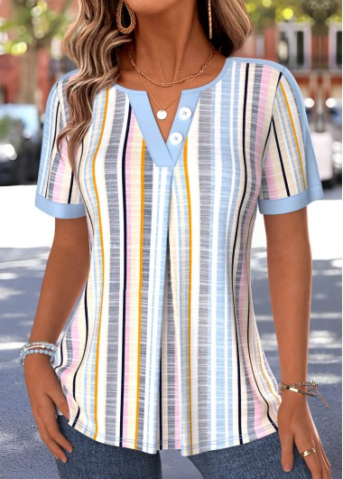 women clothes image of Multi Color Striped Patchwork Short Sleeve T Shirt