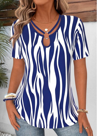 women clothes image of Navy Striped Curved Hem Short Sleeve T Shirt