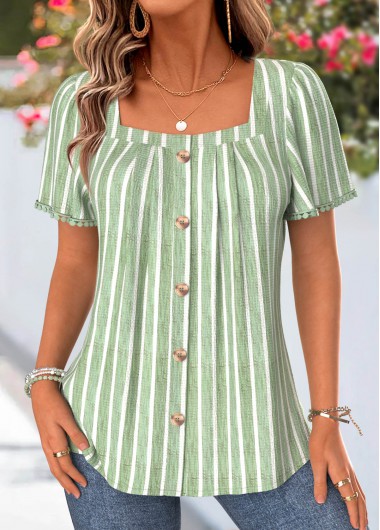 women clothes image of Green Striped Pleated Short Sleeve Square Neck T Shirt