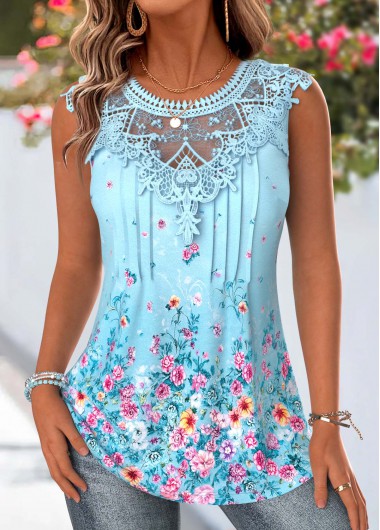 women clothes image of Blue Ditsy Floral Print Tuck Stitch Sleeveless Tank Top
