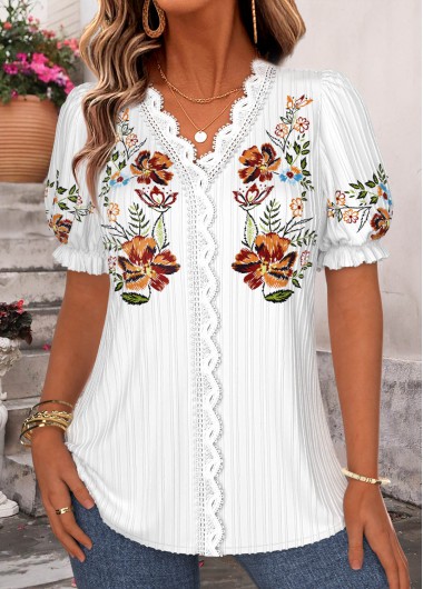 women clothes image of White Floral Print Short Sleeve V Neck Blouse