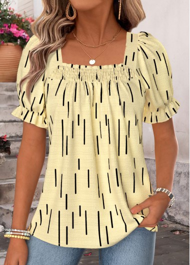 women clothes image of Light Yellow Geometric Print Patchwork Short Sleeve Blouse