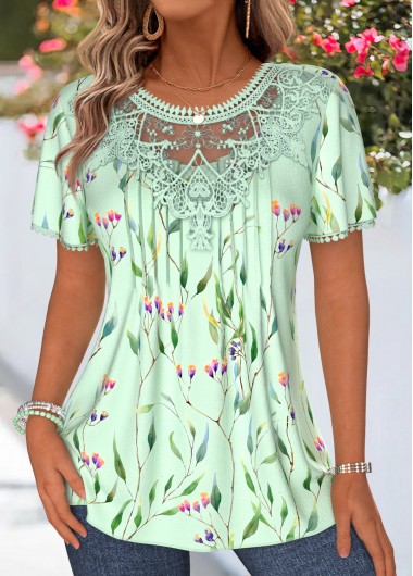 women clothes image of Light Green Floral Print Patchwork Short Sleeve T Shirt