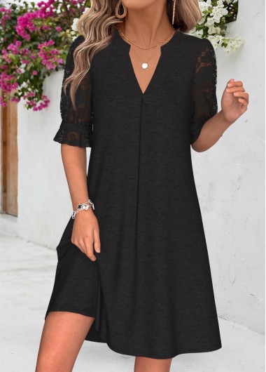 women clothes image of Black Short Shirred Half Sleeve Split Neck Dress