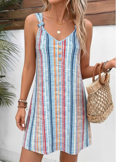 women clothes image of Multi Color Striped Short Twist Strappy V Neck Dress