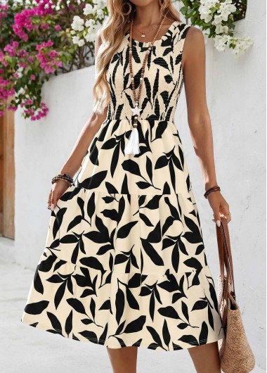 women clothes image of Light Camel Leaf Print Smocked Sleeveless Round Neck Dress