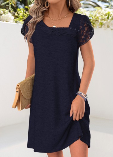 women clothes image of Navy Short Patchwork Asymmetrical Neck Dress