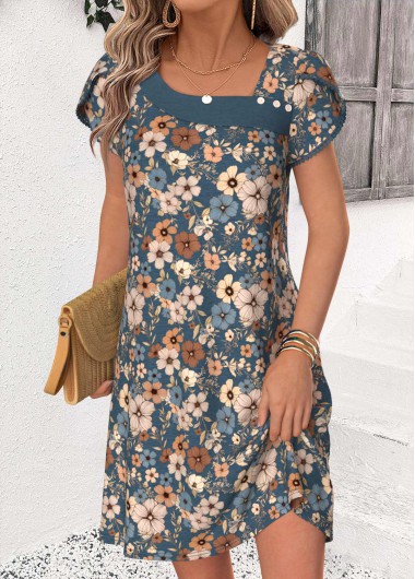 women clothes image of Peacock Blue Floral Print Short Patchwork Asymmetrical Neck Dress