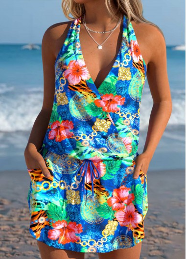 women clothes image of Blue Mid Waisted Three-piece Floral Print Tankini Set