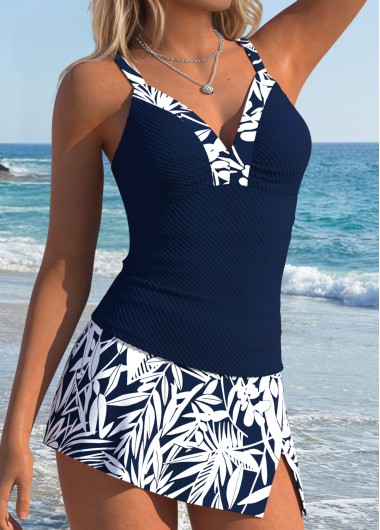 women clothes image of Navy Mid Waisted Patchwork Leaf Print Tankini Set