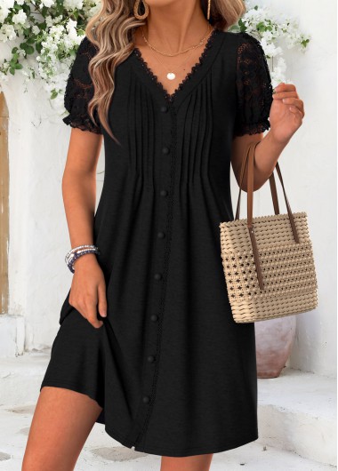 women clothes image of Black Short Tuck Stitch V Neck Dress