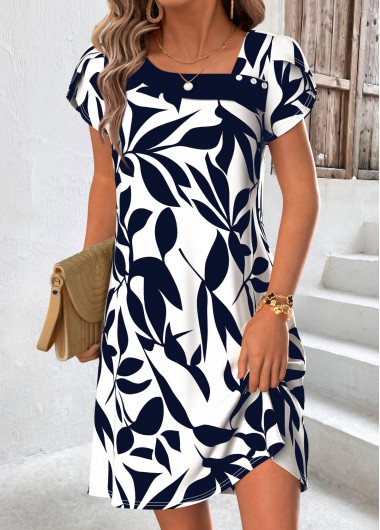 women clothes image of Navy Leaf Print Short Tummy Coverage Asymmetrical Neck Dress