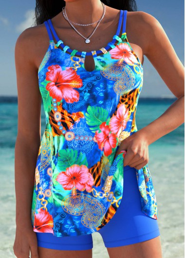 women clothes image of Royal Blue Mid Waisted Tummy Coverage Tankini Set