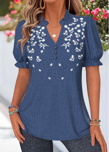 women clothes image of Denim Blue Ditsy Floral Print Curved Hem Blouse