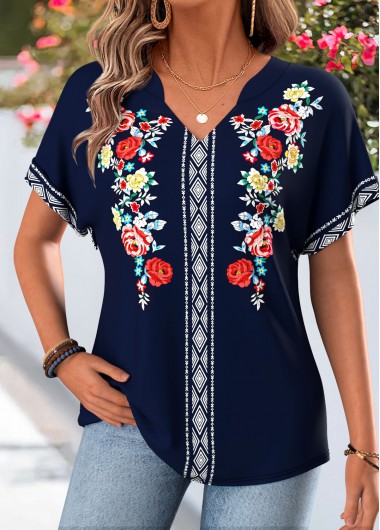 women clothes image of Navy Floral Print Tummy Coverage Short Sleeve T Shirt