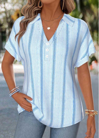 women clothes image of Blue Striped Curved Hem Short Sleeve Blouse