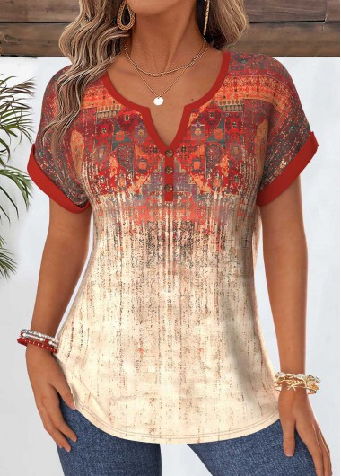 women clothes image of Red Tribal Print Tummy Coverage Short Sleeve Blouse