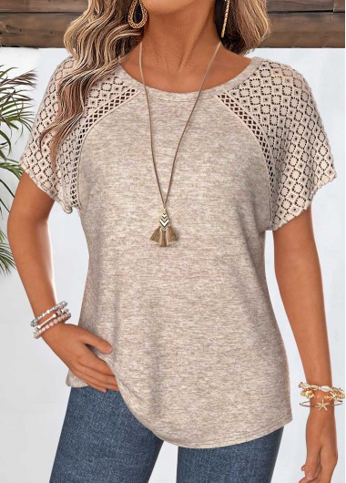women clothes image of Light Camel Patchwork Short Sleeve Round Neck T Shirt