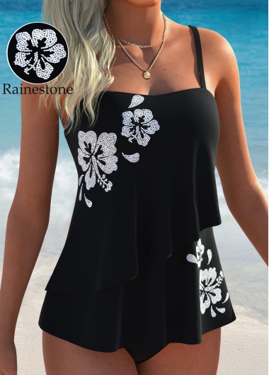 women clothes image of Black Mid Waisted Layered Floral Print Tankini Set