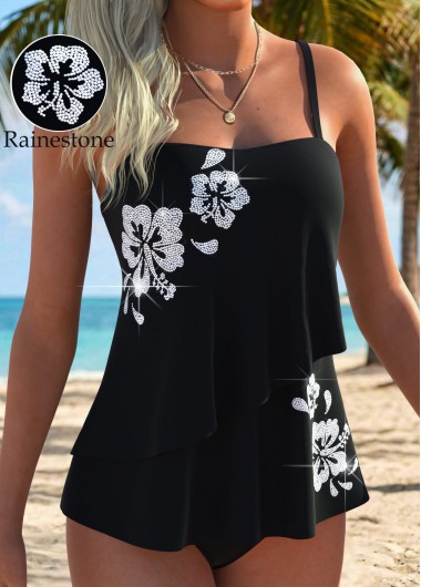 women clothes image of Black Mid Waisted Layered Floral Print Tankini Set