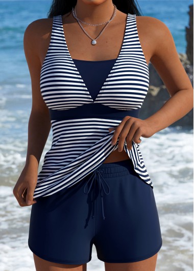 women clothes image of Navy Mid Waisted Tummy Coverage Striped Tankini Set