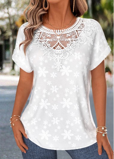 women clothes image of White Lace Trim Short Sleeve Round Neck Blouse