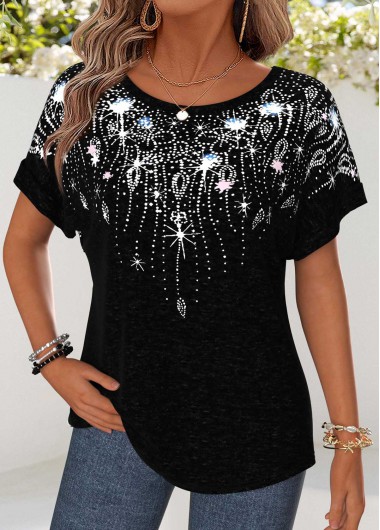 women clothes image of Black Geometric Print Curved Hem Short Sleeve T Shirt