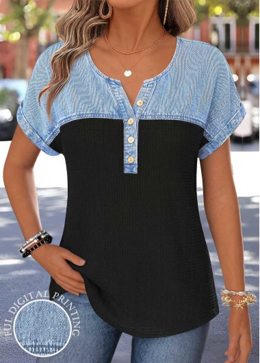 women clothes image of Black Patchwork Short Sleeve Split Neck Blouse