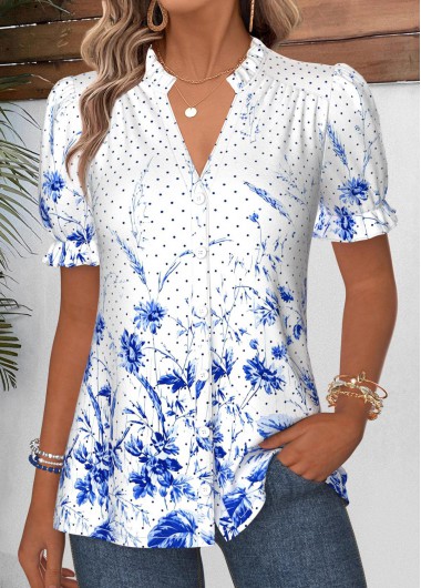 women clothes image of Raw White Floral Print Ruffle Short Sleeve T Shirt
