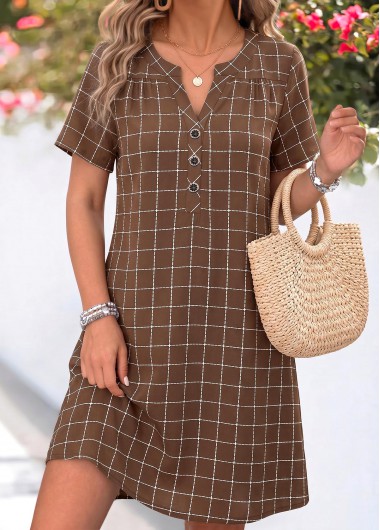 women clothes image of Dark Coffee Plaid Short Tummy Coverage Split Neck Dress